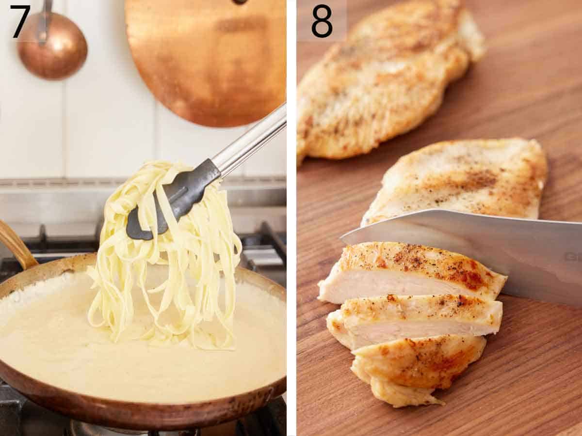Set of two photos showing cooked pasta added to the sauce in the skillet and chicken breast sliced on a cutting board.