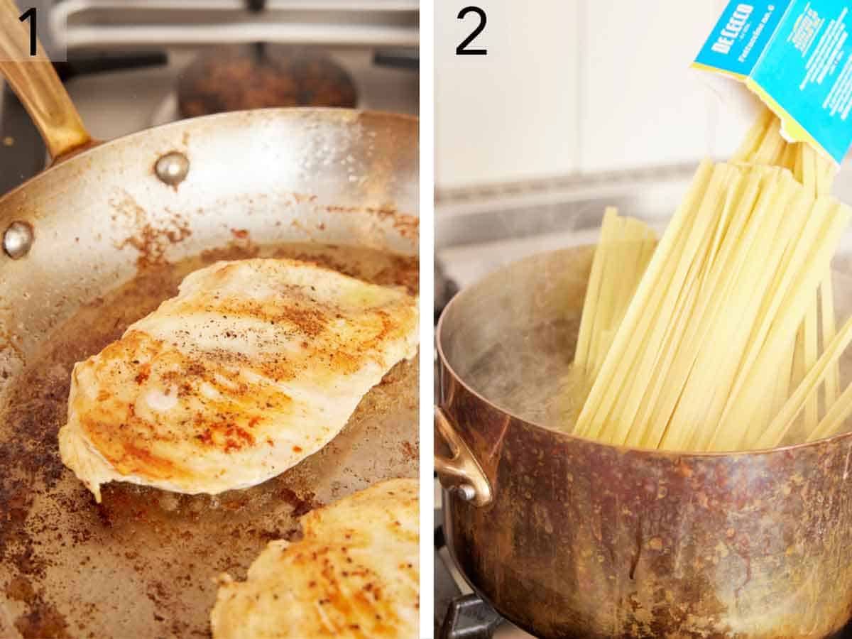 Set of two photos showing chicken seared in a skillet and pasta added to a pot of water.