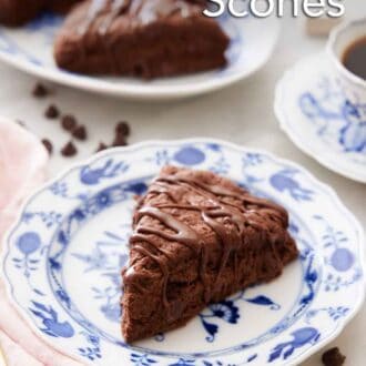 Pinterest graphic of a plate with a chocolate scone with a platter of more scones and a cup of coffee in the background.