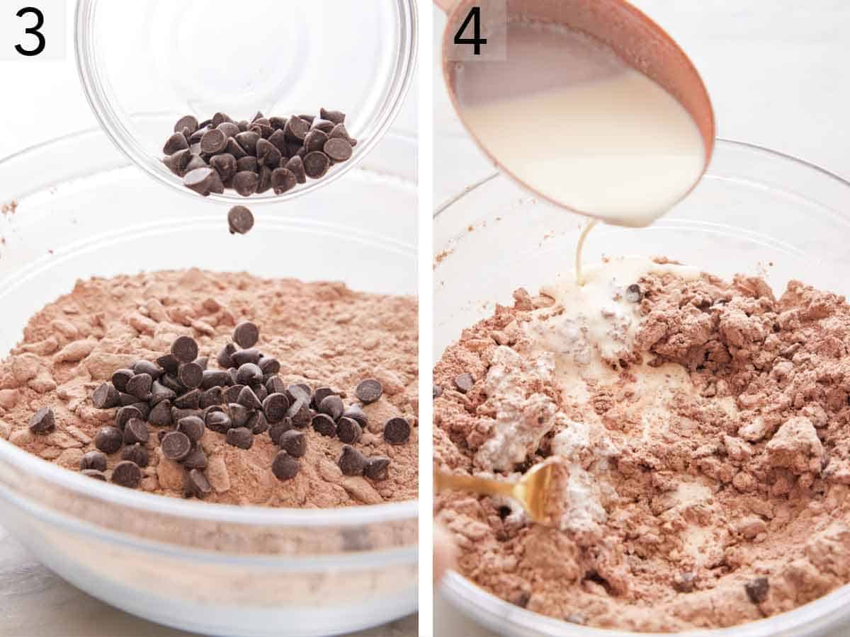 Set of two photos showing chocolate chips and cream added to the dry ingredients in a bowl.