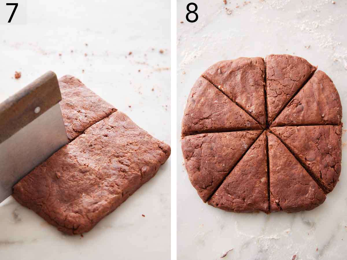 Set of two photos showing dough cut into triangles.