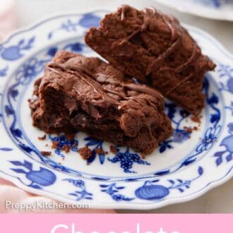 Pinterest graphic of a chocolate scone cut in half on a plate.