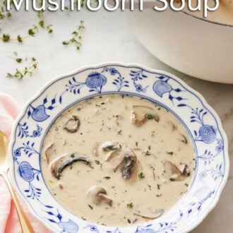 Pinterest graphic of a bowl of cream of mushroom soup with a pot with a ladle in the background with sprigs of thymes scattered around.