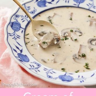 Pinterest graphic of a bowl of cream of mushroom soup with a spoonful lifted out.