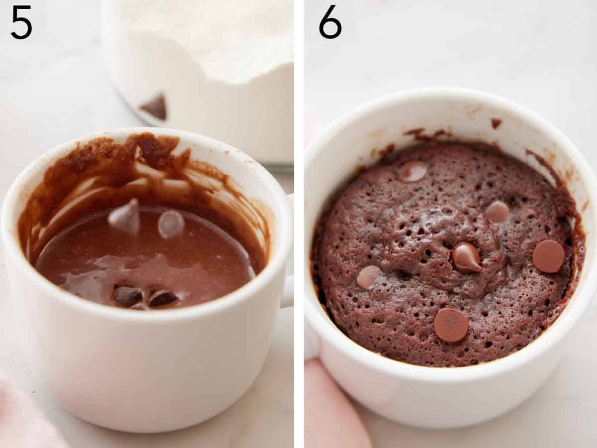 Set of two photos showing more chocolate chips sprinkled on top and microwaved.