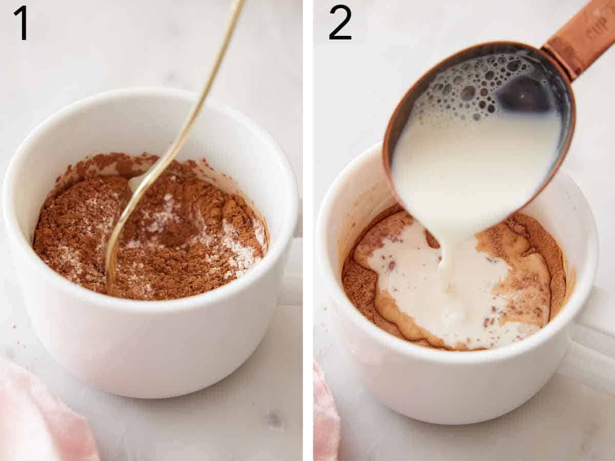 Set of two photos showing dry ingredients mixed in a cup and milk added to it.