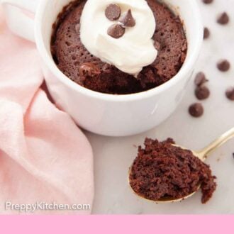 Pinterest graphic of a mug cake with whipped cream and chocolate chips on top with a spoonful in front.