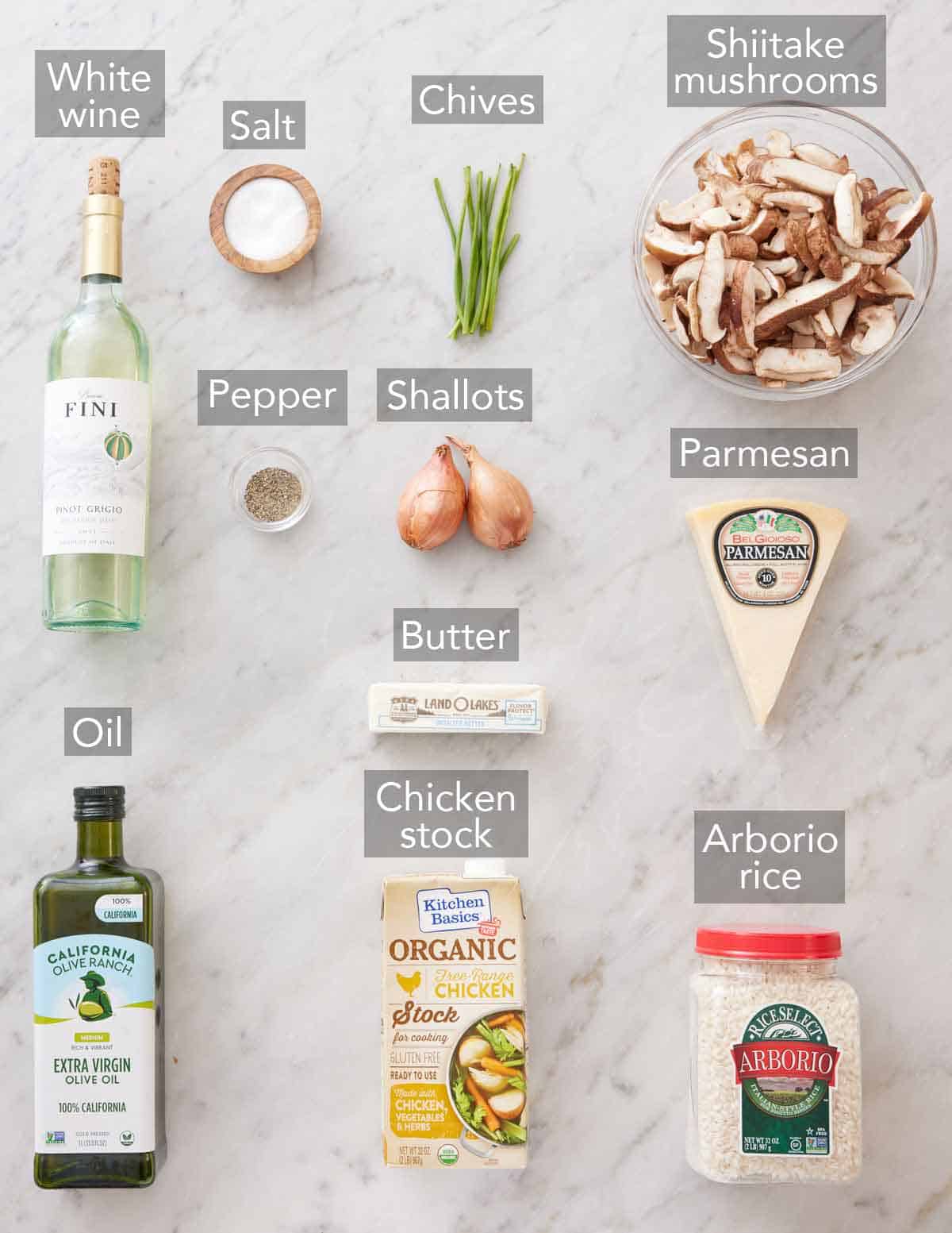 Ingredients needed to make mushroom risotto.
