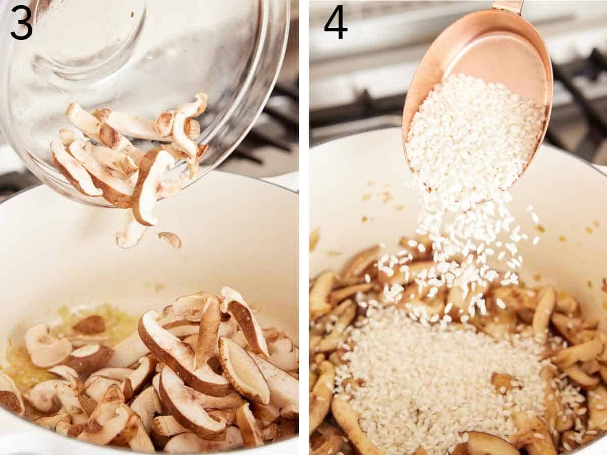 Set of two photos showing mushrooms and arborio rice added to a pot.