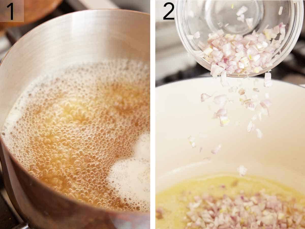 Set of two photos showing chicken broth coming up to a boil in a pot and shallots added to another pot.