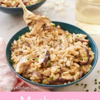 Pinterest graphic of a bowl of mushroom risotto with a spoonful lifted out of it.