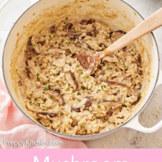Pinterest graphic of an overhead view of a pot of mushroom risotto with a wooden spoon.