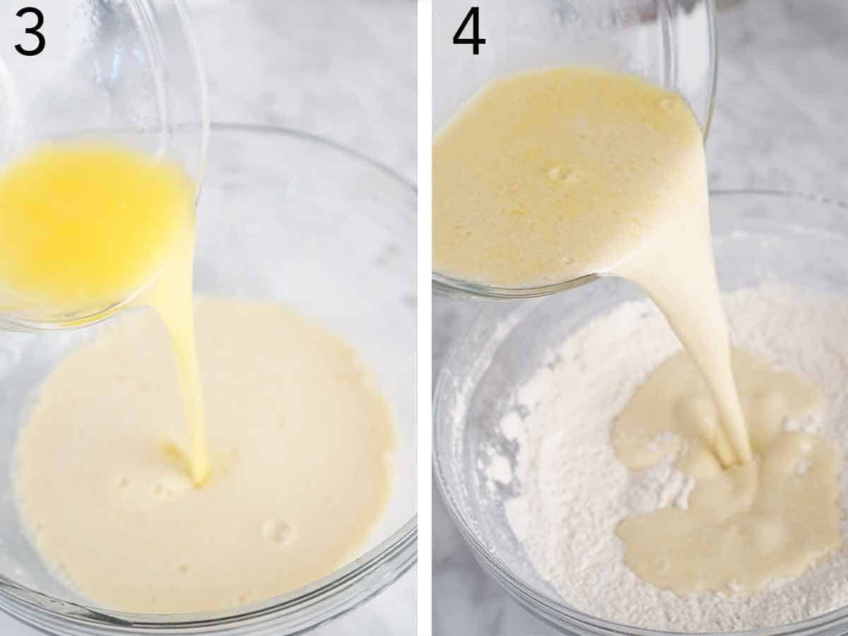 Set of two photos showing melted butter pouring into a bowl of milk and then getting poured into dry ingredients.
