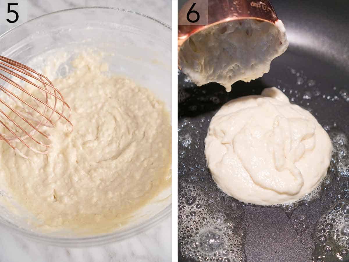 Set of two photos showing batter whisked together then scooped into a skillet.