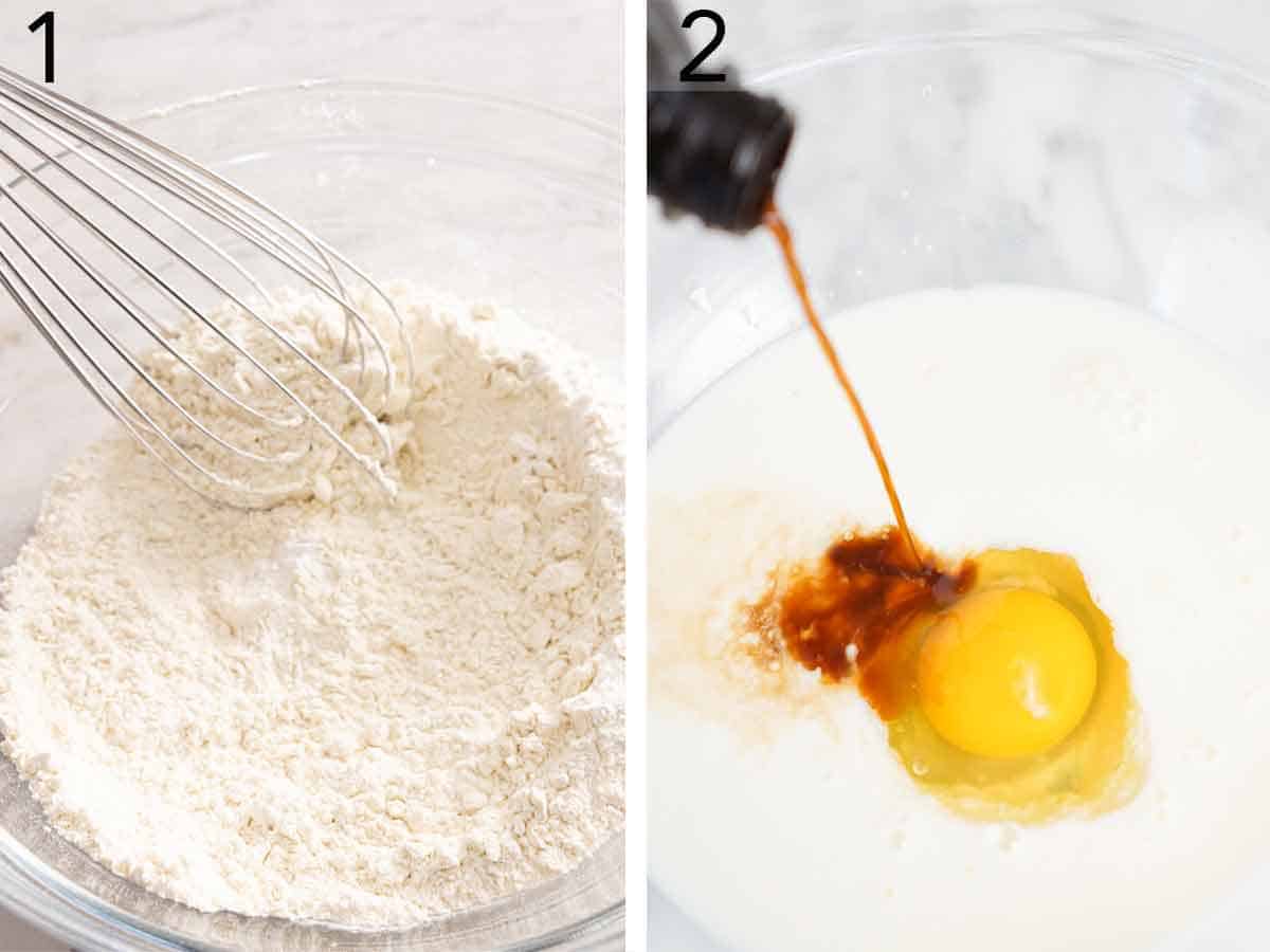 Two photos showing dry ingredients whisked and wet ingredients getting added to a separate bowl.
