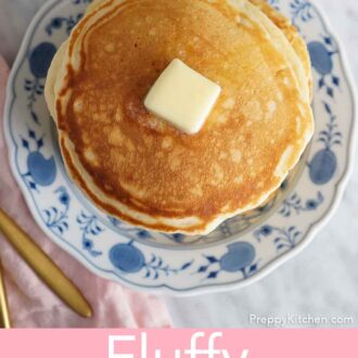 Pinterest graphic of an overhead view of a stack of pancakes on a plate with a square knob of butter on top.