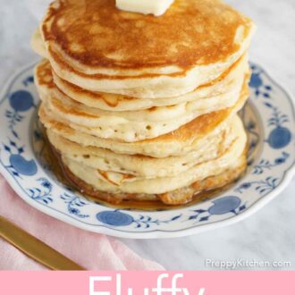 Pinterest graphic of six pancakes stacked on a plate with a knob of butter on top.
