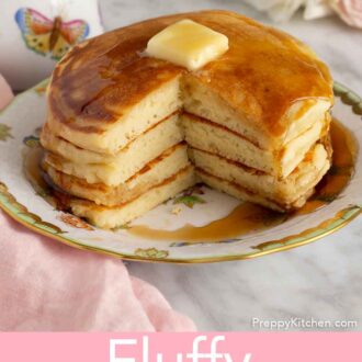 Pinterest graphic of a stack of four cut pancakes on a plate with syrup and butter on top.