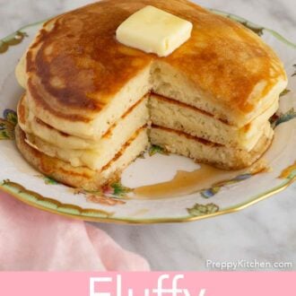 Pinterest graphic of a stack of three pancakes on a plate with a quarter cut out.