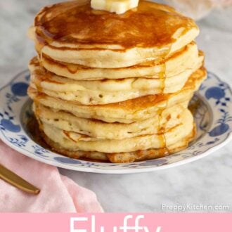Pinterest graphic of a stack of fluffy pancakes on a plate with syrup and a knob of butter on top.