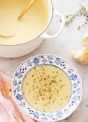 A bowl of potato leek soup with garnish with a large pot of soup with a ladle in the background.