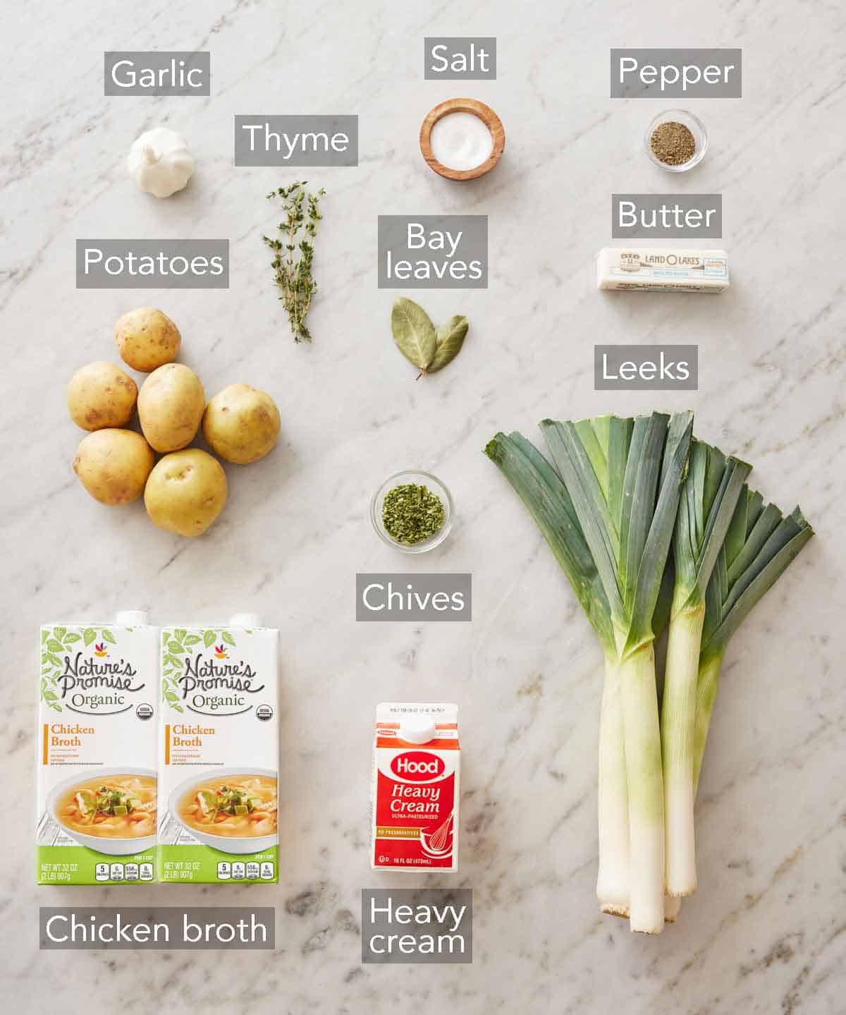 Ingredients needed to make potato leek soup.