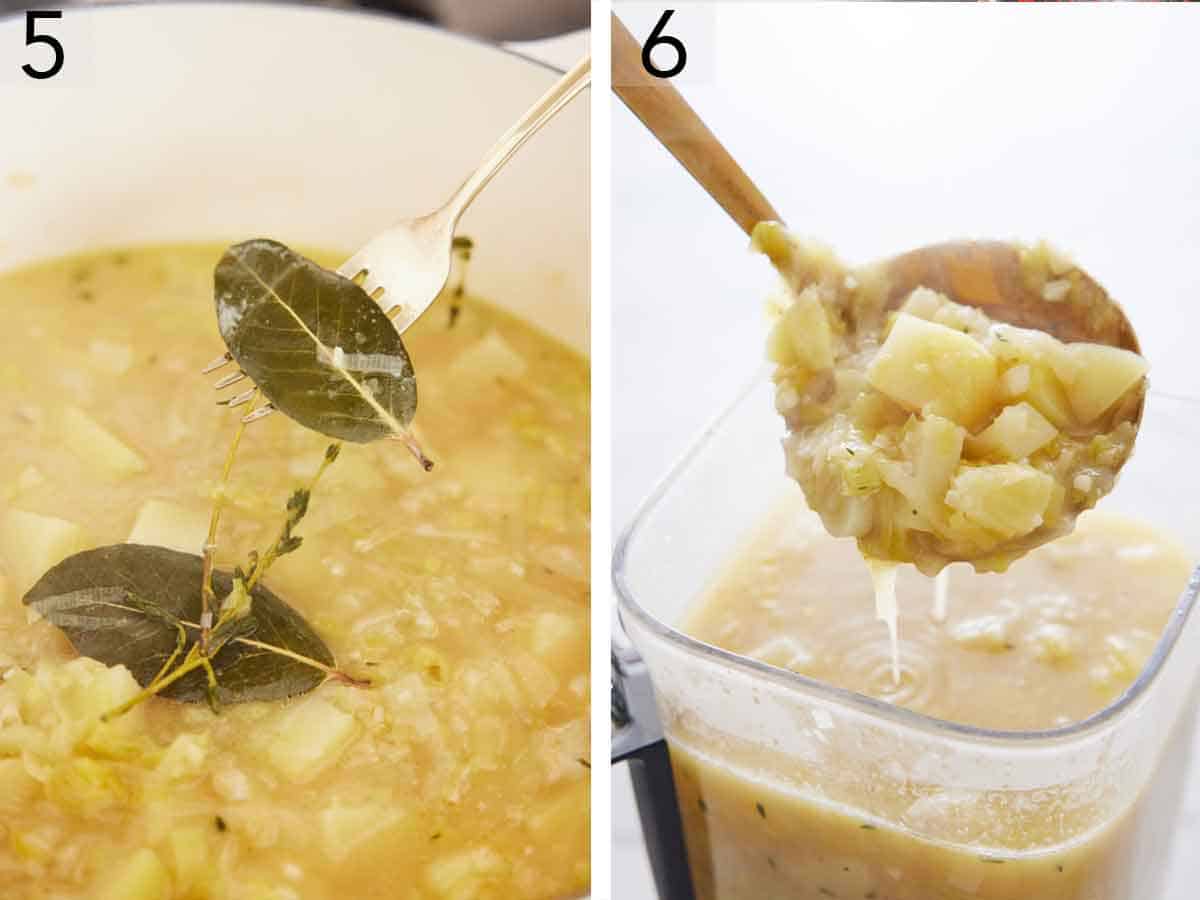 Set of two photos showing herbs removed from the pot and the mixture transferred to a blender.