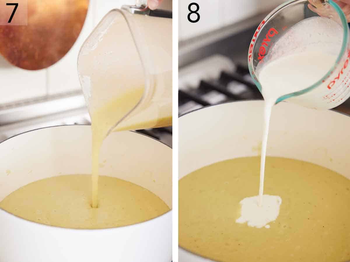Set of two photos showing the blended soup added back to the pot and cream added.