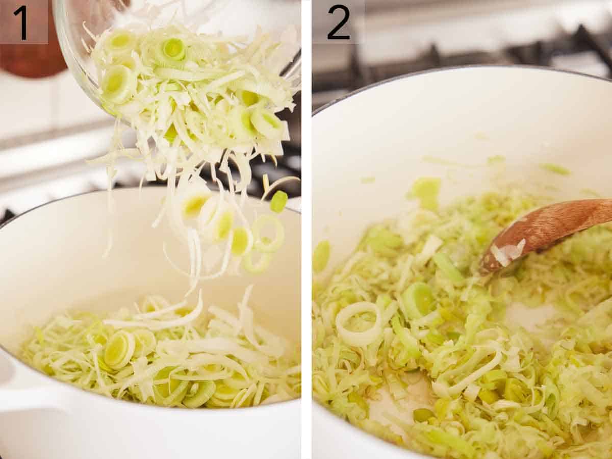 Set of two photos showing leeks added and cooked in a white pot.