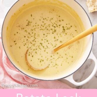 Pinterest graphic of an overhead view of a pot of potato leek soup with a ladle inside.