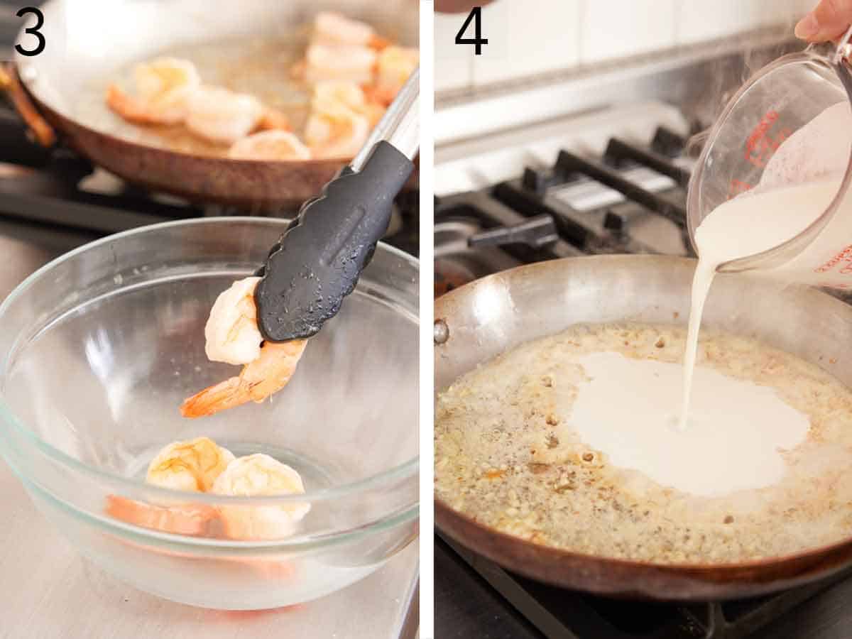 Set of two photos showing shrimp set aside in a bowl and cream added to a skillet.