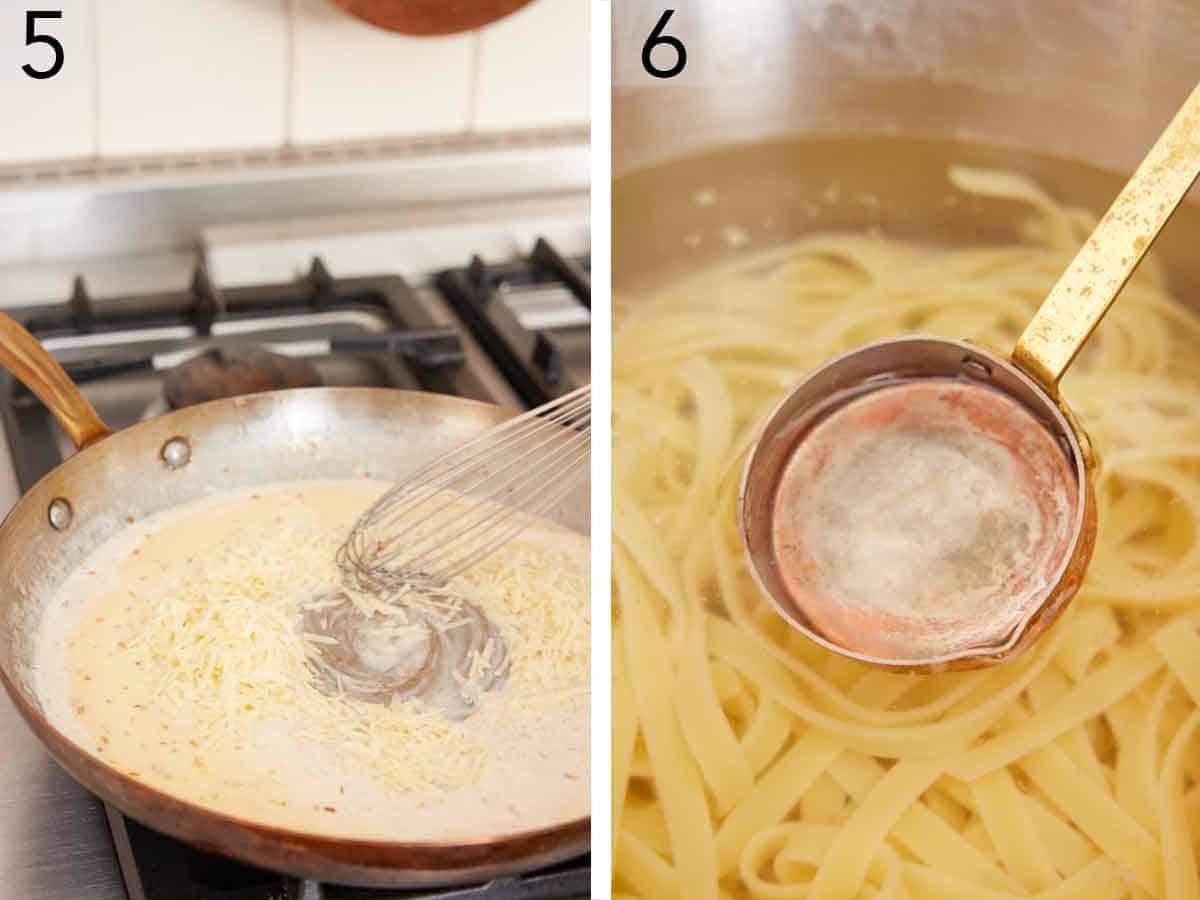 Set of two photos showing sauce in the skillet whisked and starchy water being scooped out.