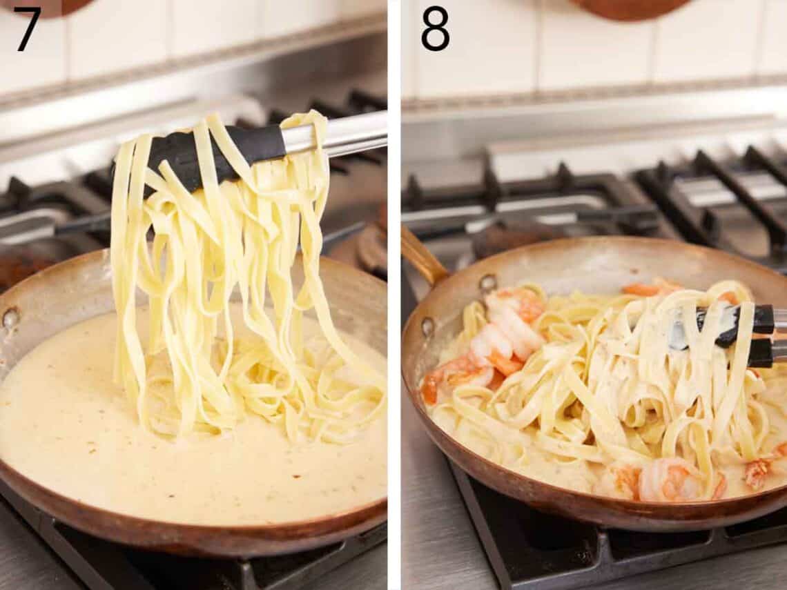 Set of two photos showing all the cooked ingredients tossed in the creamy sauce.