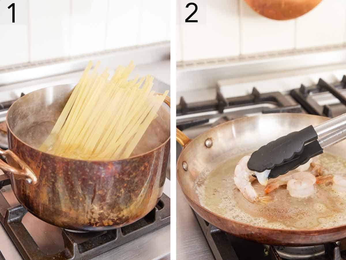 Set of two photos showing pasta cooked in a pot of water and shrimp being added to a skillet.