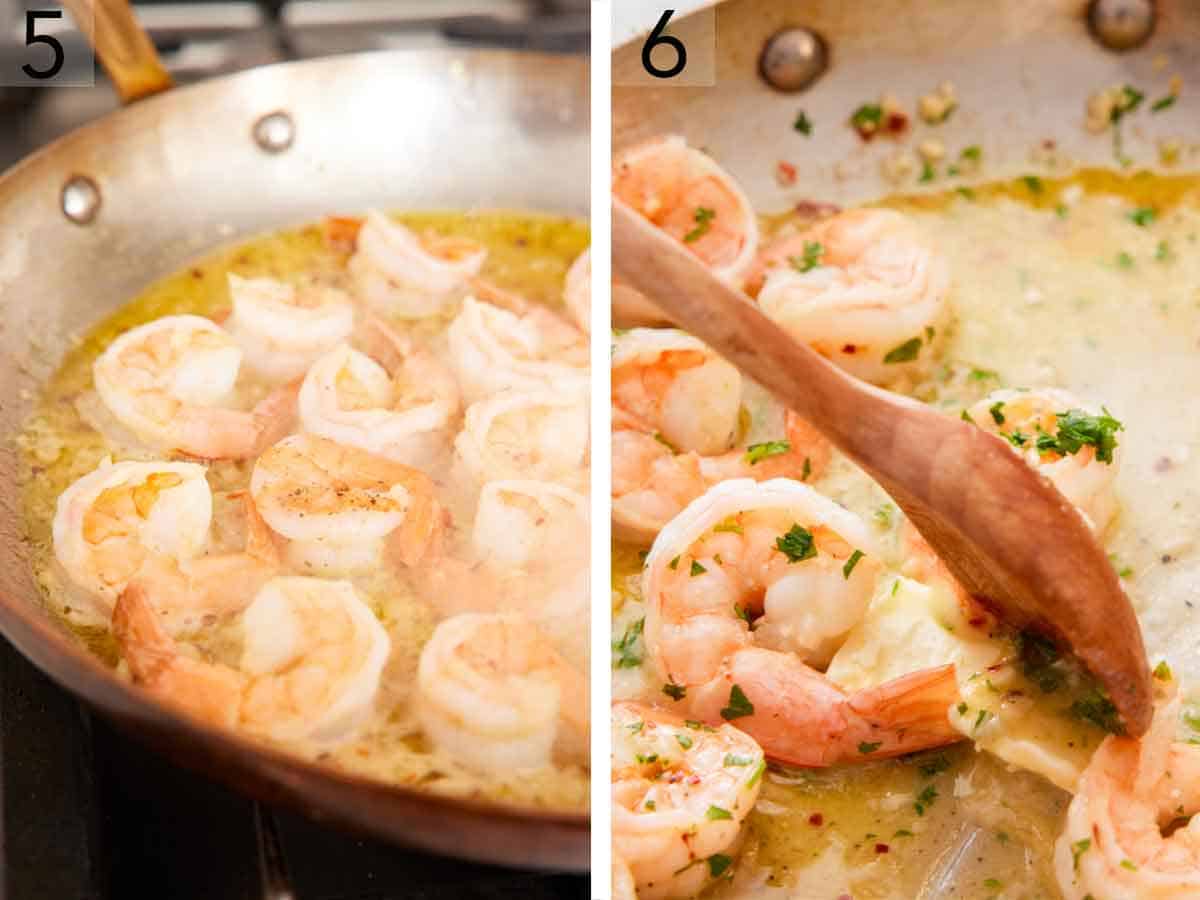 Set of two photos showing shrimp cooking in the skillet and parsley added on top.