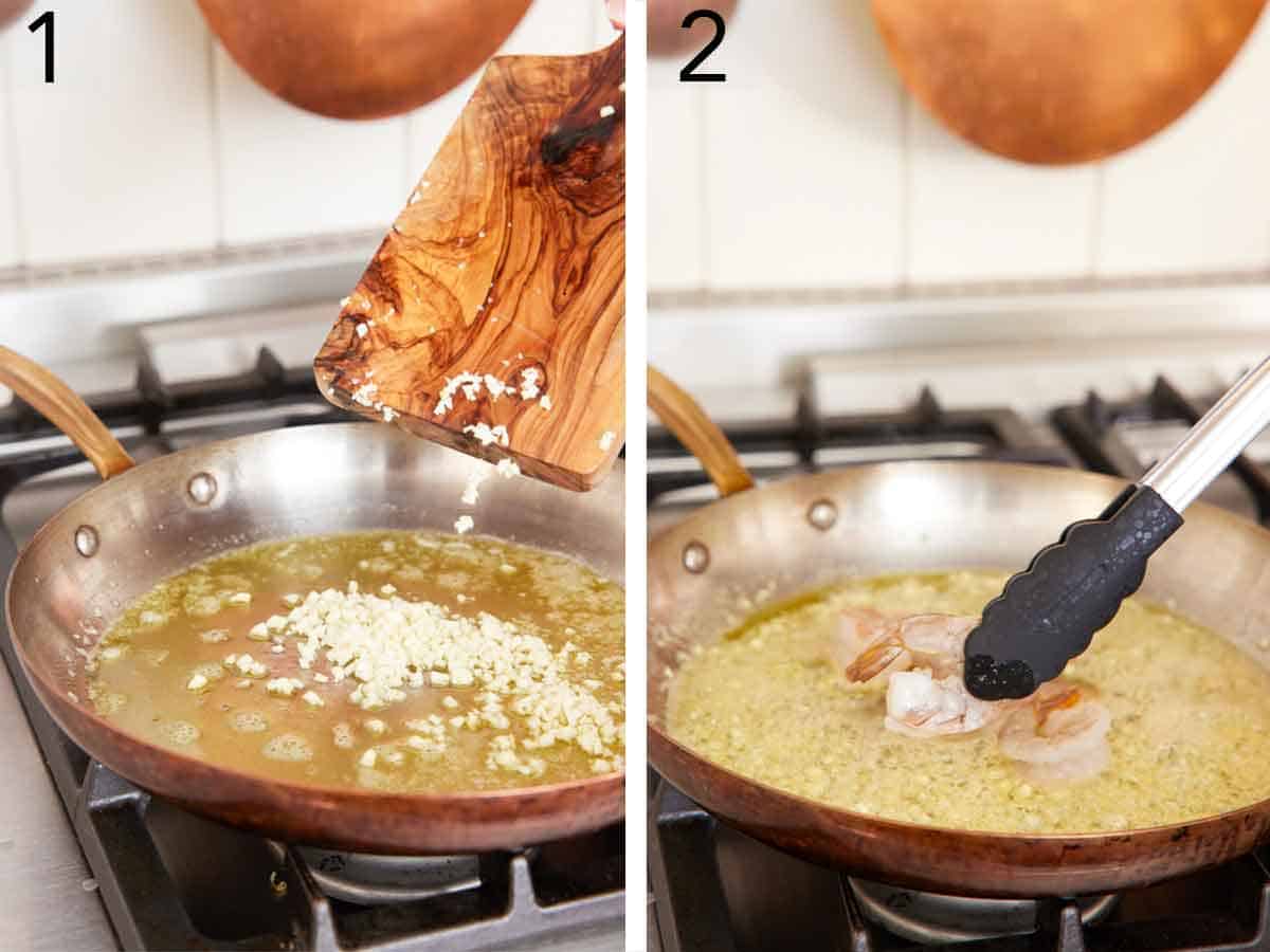 Set of two photos showing minced garlic and shrimp added to a skillet.