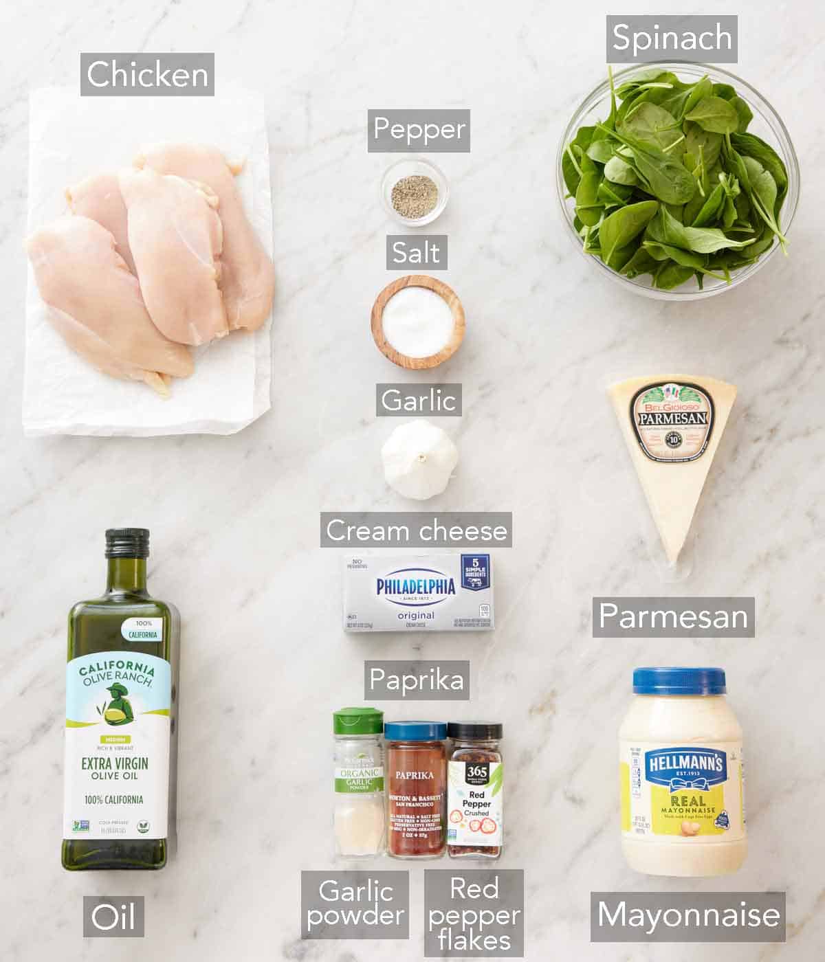 Ingredients needed to make spinach stuffed chicken breast.