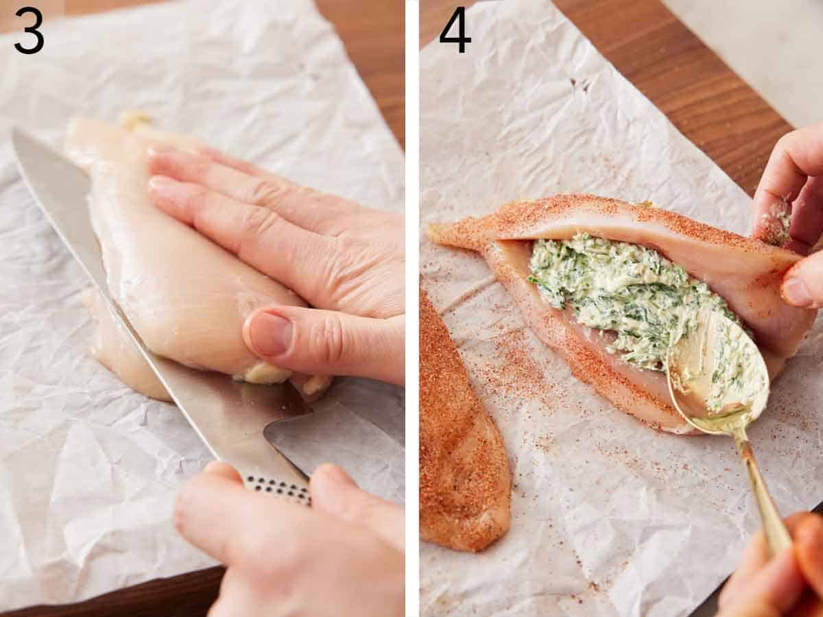 Set of two photos showing chicken breast cut in half and stuffed with the cheese filling.