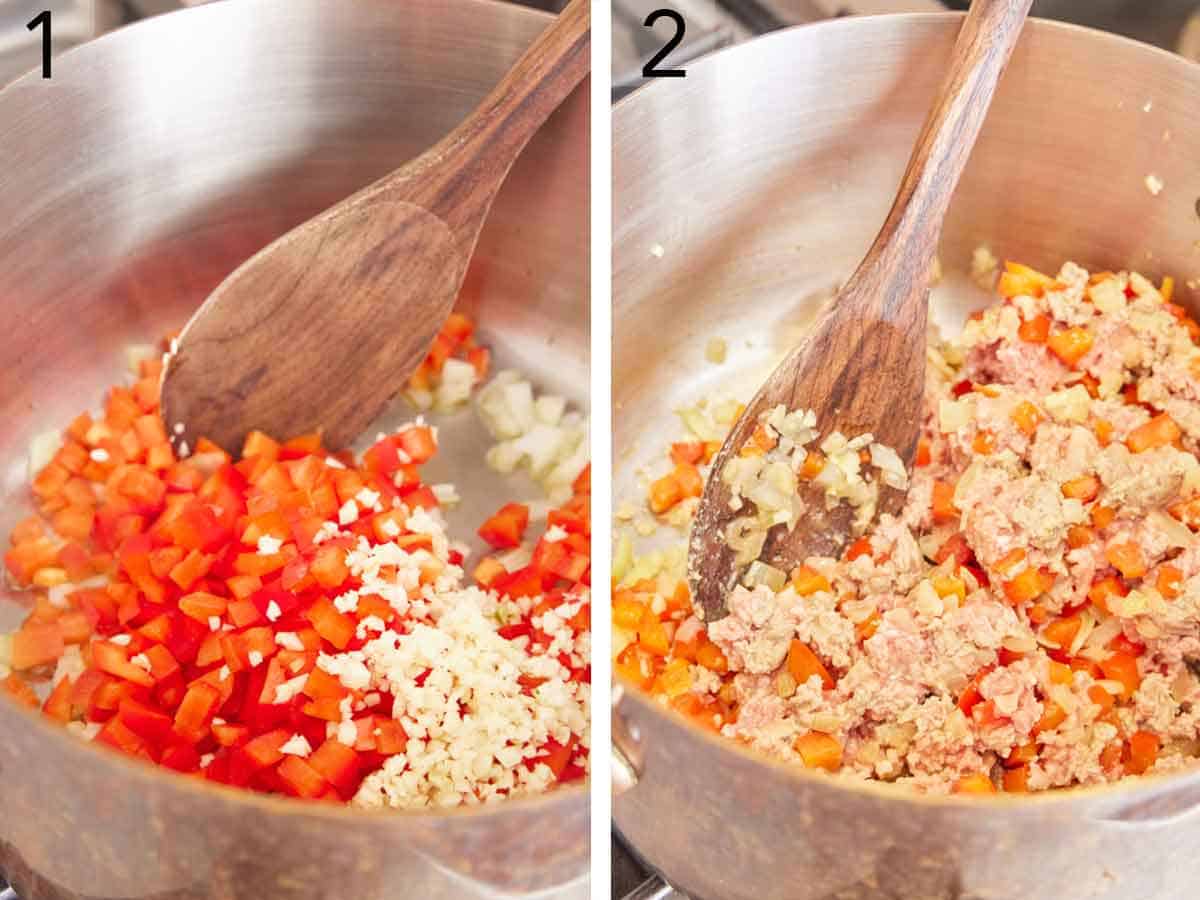 Set of two photos showing bell pepper and garlic cooked in a pot before ground meat is added.