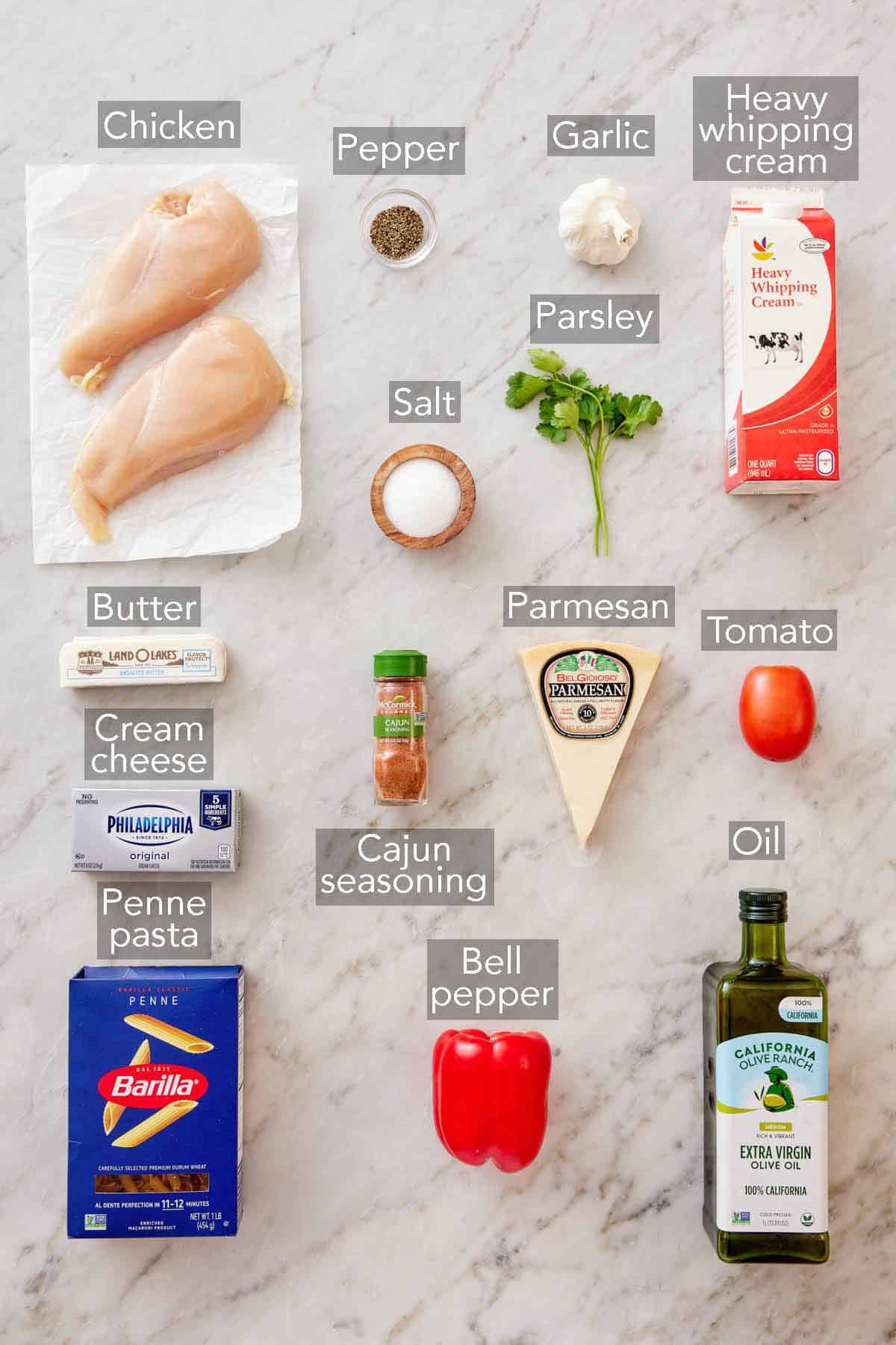 Ingredients needed to make Cajun chicken pasta.