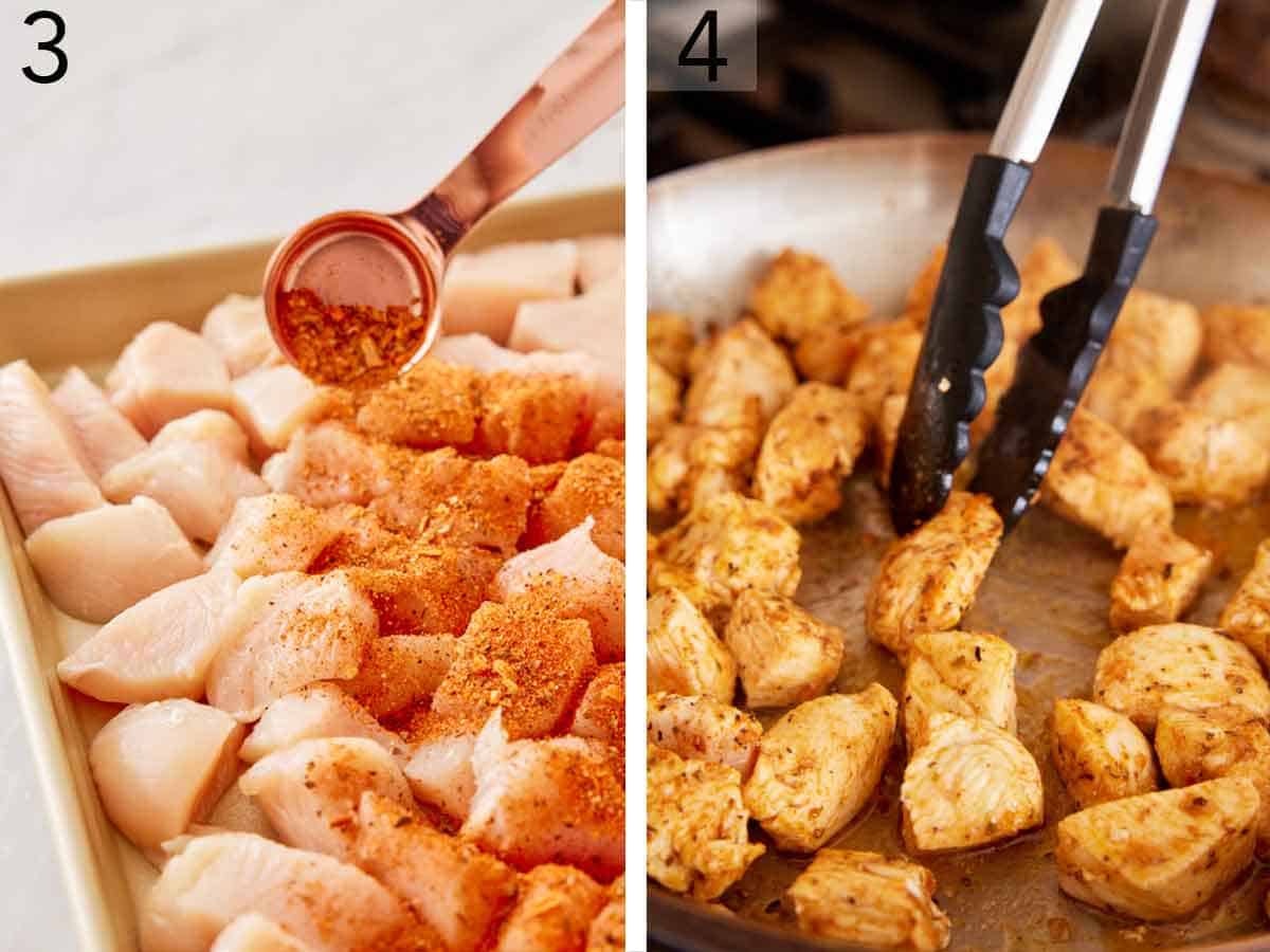 Set of two photos showing chicken seasoned and seared in a skillet.