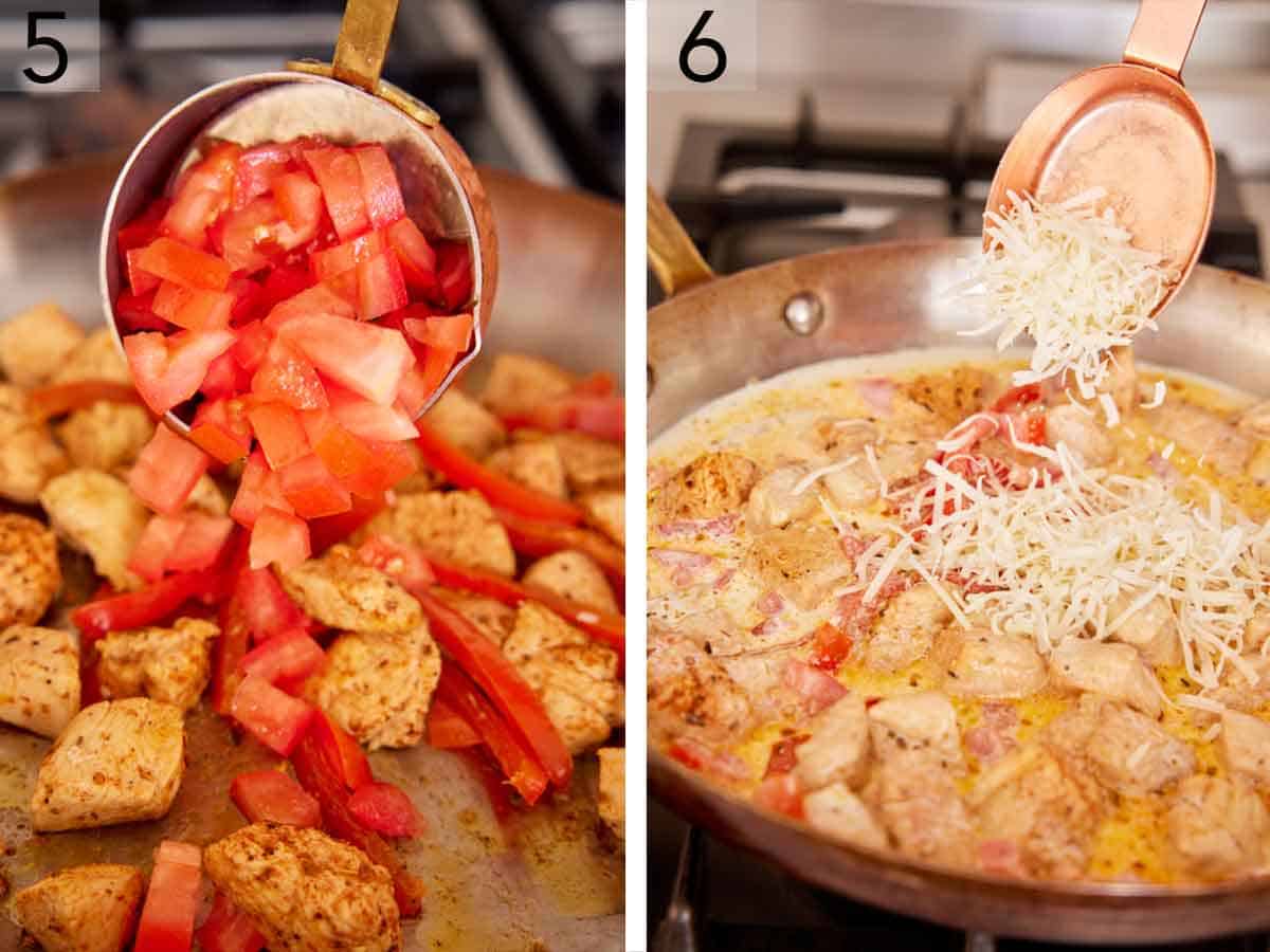 Set of two photos showing bell peppers, tomatoes, and parmesan added to the skillet.