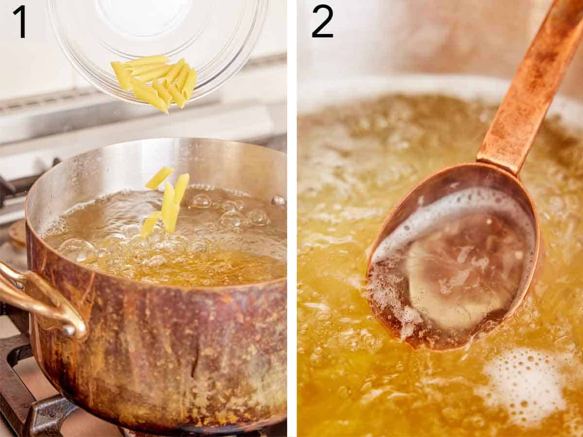 Set of two photos showing penne added to a pot of water and scooped out.