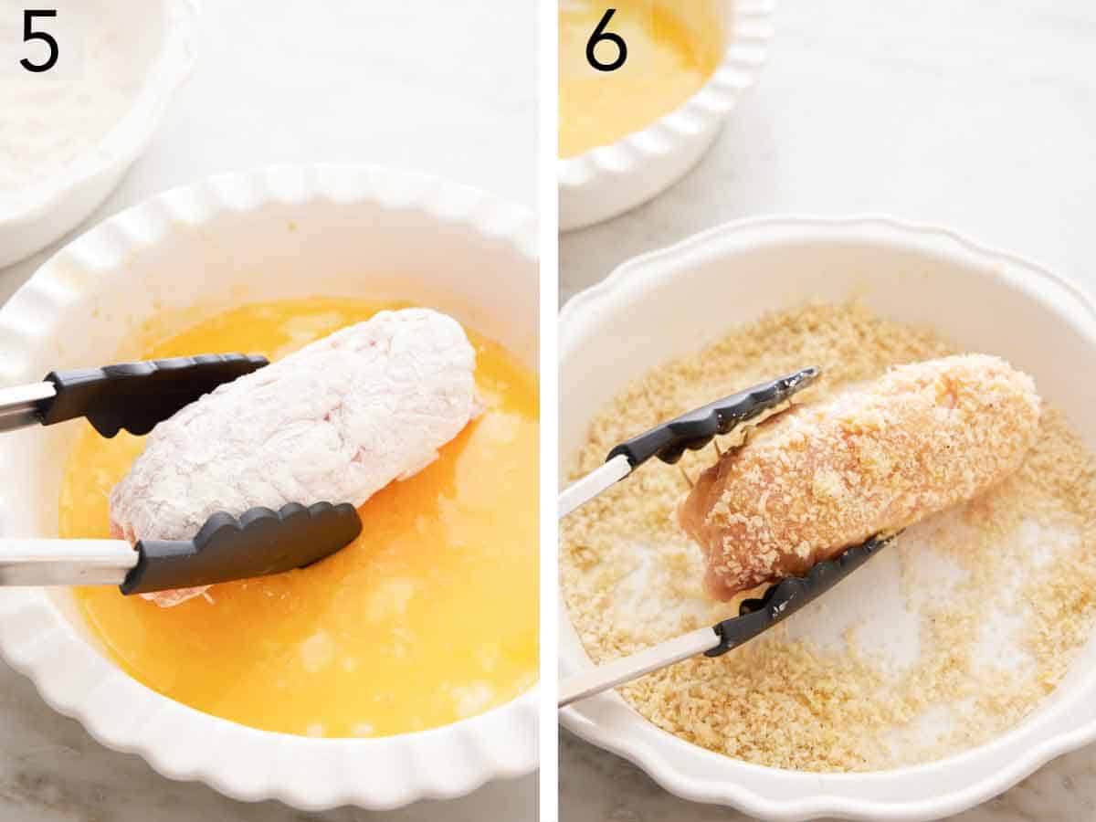 Set of two photos showing the rolled meat coated in flour dipped in egg and panko bread crumbs.