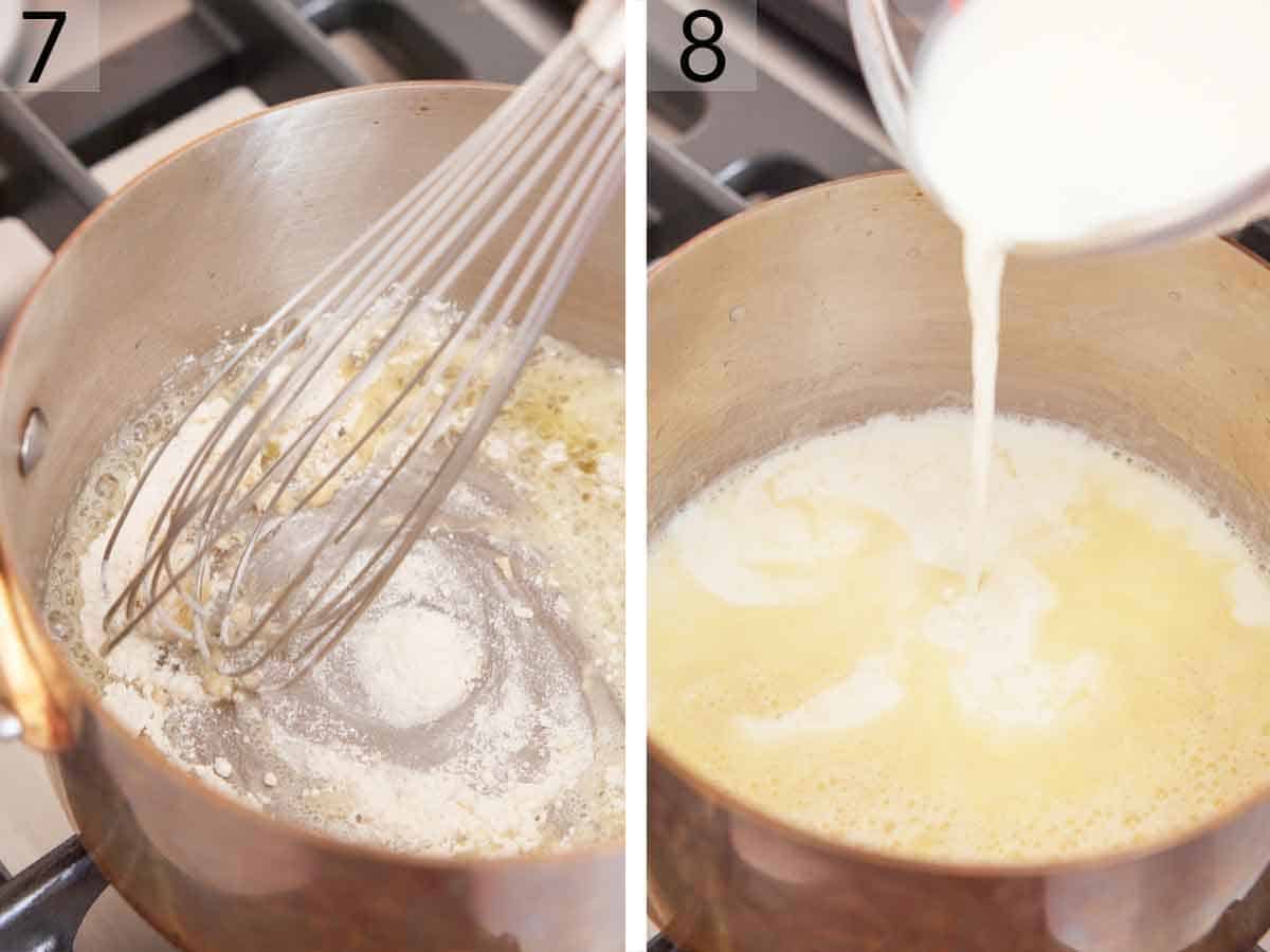 Set of two photos showing flour whisked into melted butter and milk added to the pot.