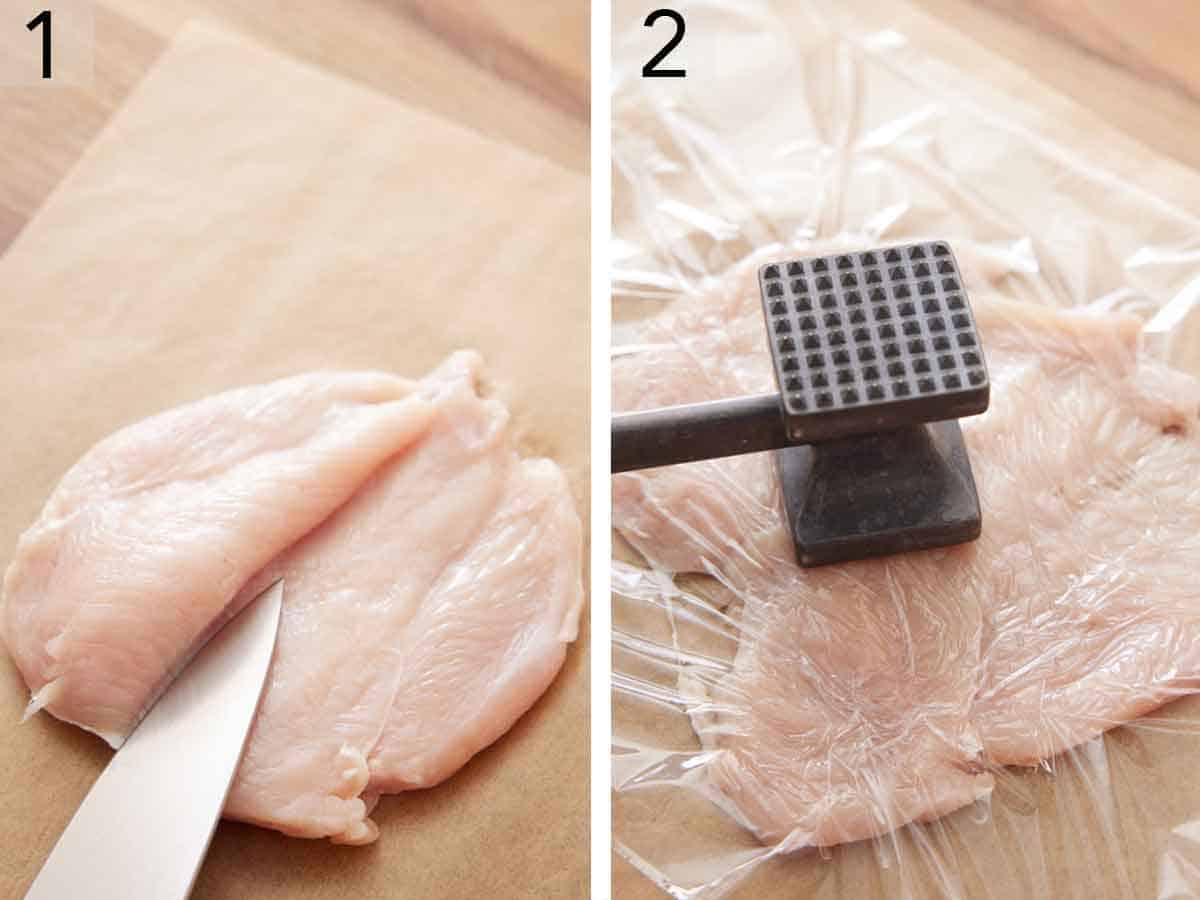 Set of two photos showing a chicken breast sliced open and flattened.