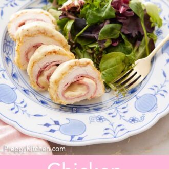 Pinterest graphic of a plate with salad and sliced chicken cordon bleu.