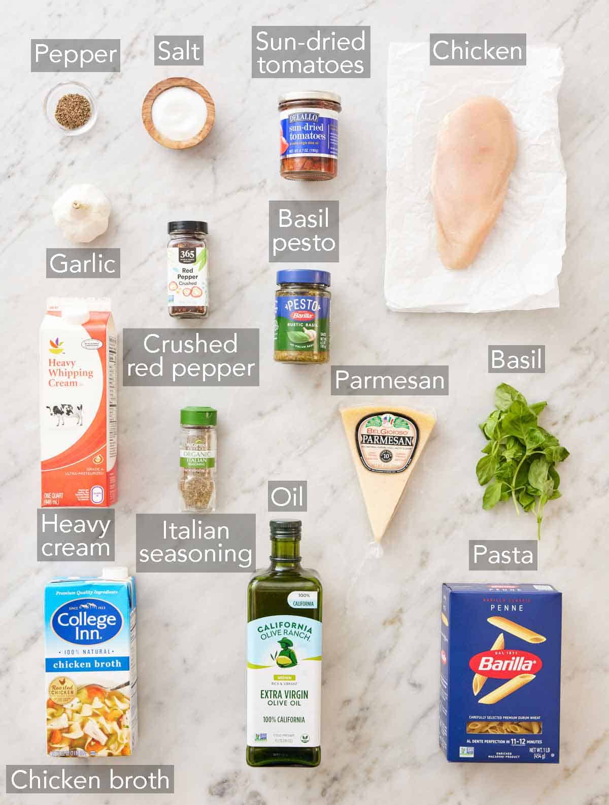 Ingredients needed to make chicken pesto pasta.