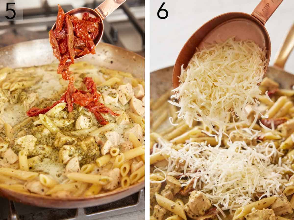 Set of two photos showing sun-dried tomatoes and parmesan added to a skillet.