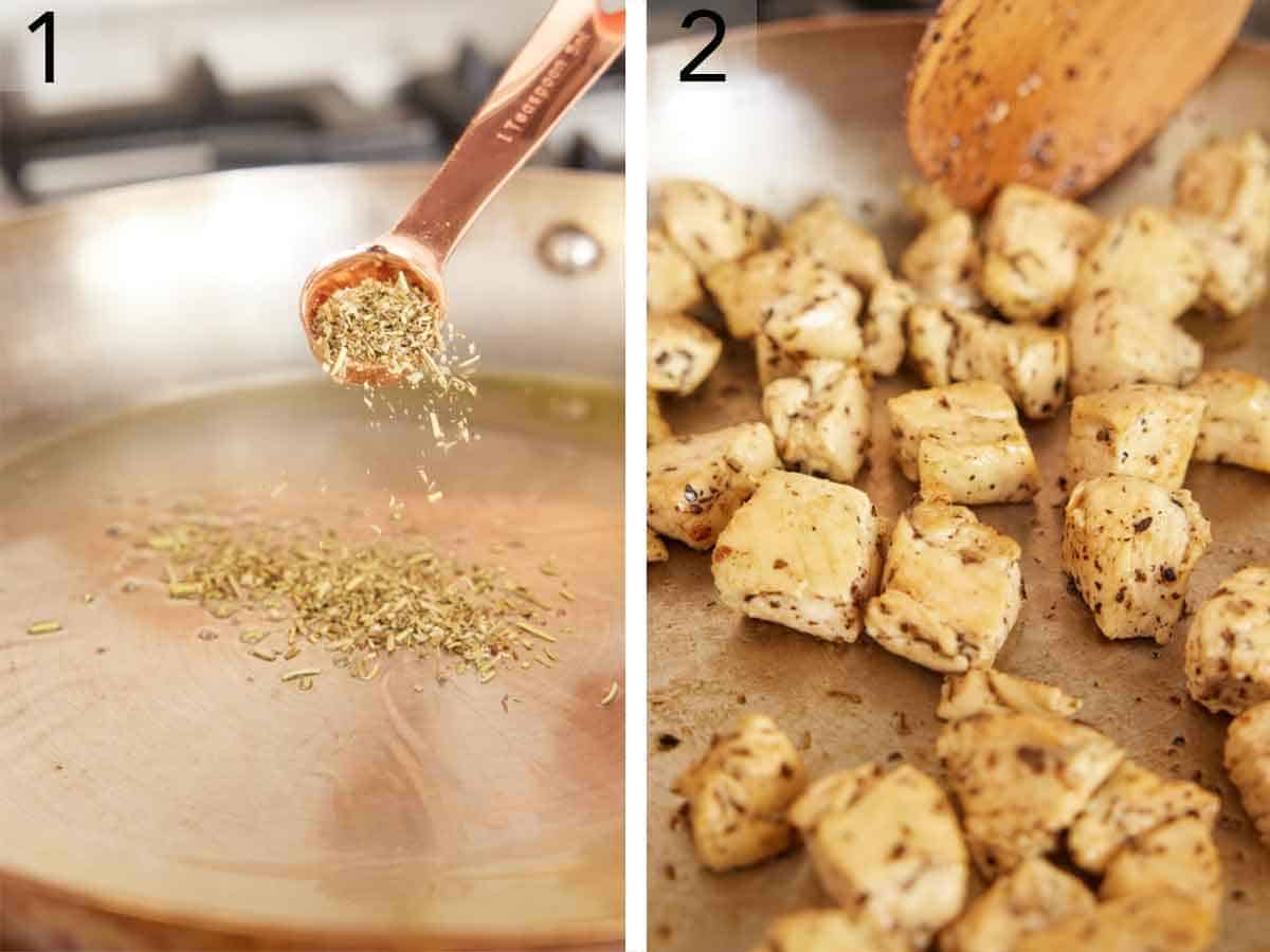 Set of two photos showing seasoning and chicken added to a skillet.
